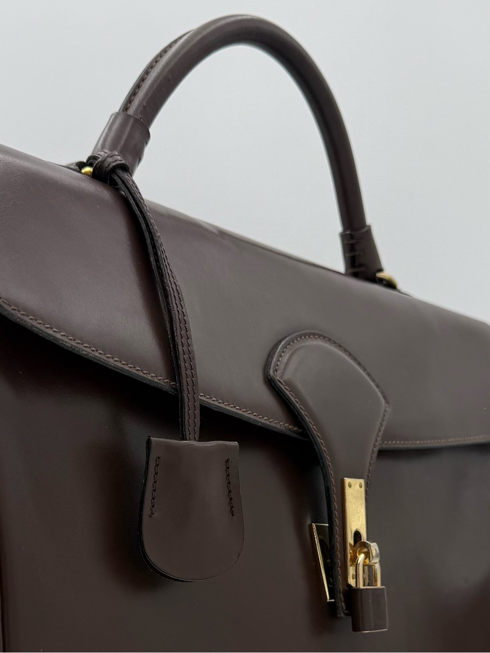 🇮🇹COLOMBO 1937 MILANO • Unisex Brown Box Calf 38 Bag (Kelly Sac à Dépêches Type) - Picture 4 of 16